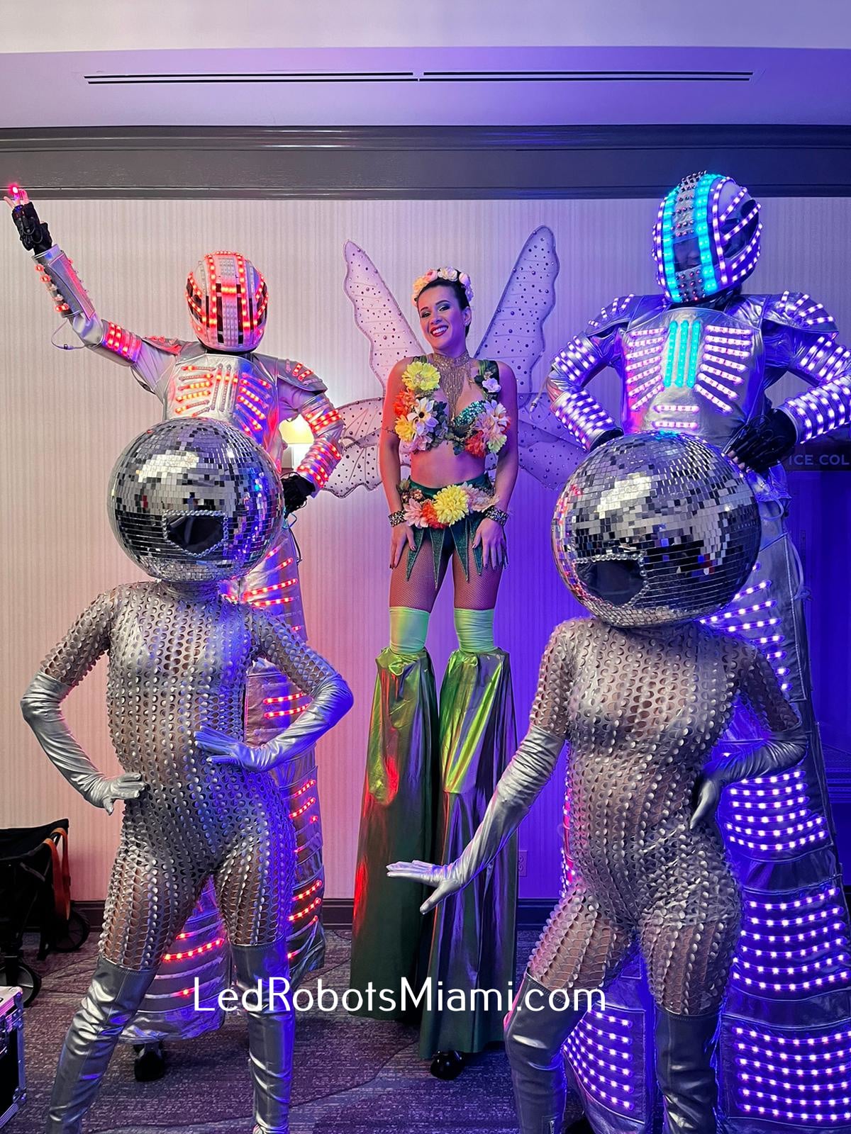 Disco Mirror Dancers with Silver Led Robots and Butterfly Stiltwalker